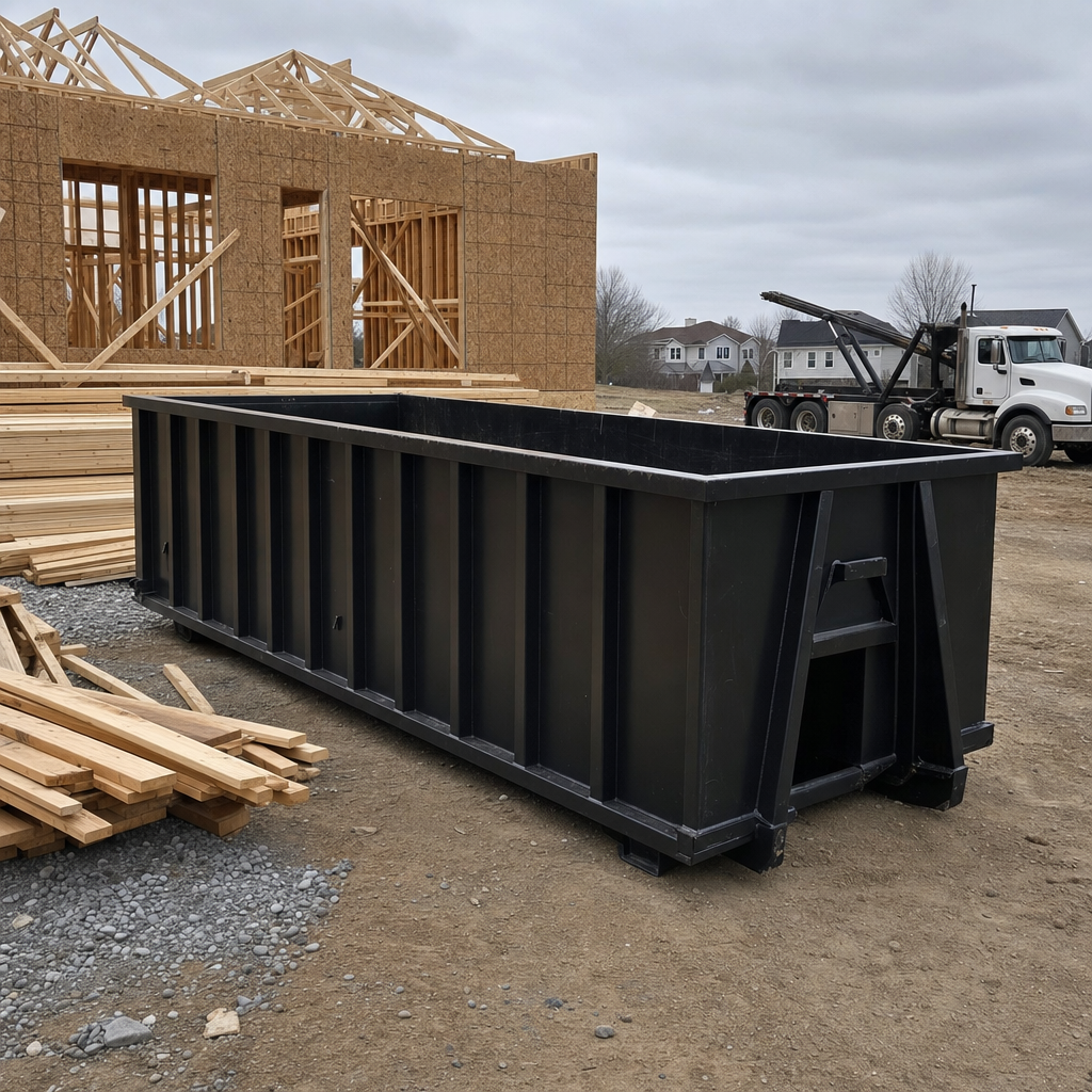 Matte-black 40-yard roll-off dumpster staged on a framed-out residential construction site in Fayetteville, framing lumber stacked nearby, hooklift delivery truck visible in the background under bright Colorado daylight