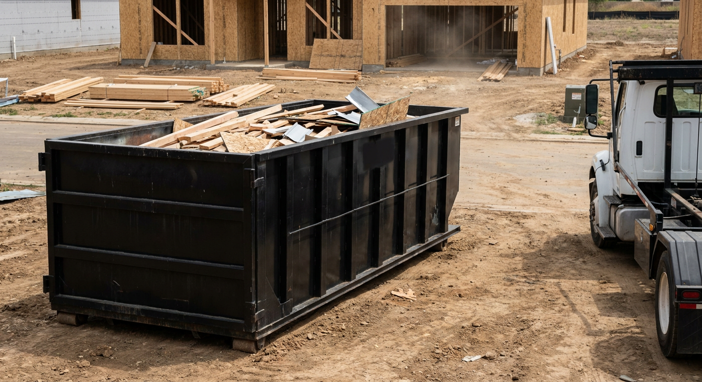 Matte-black 20-yard roll-off construction dumpster with heavy ribbed steel sidewalls and swing rear doors at a working jobsite in Fayetteville, sitting directly on compacted dirt with an unmarked white hauler partially visible at the far edge of the frame.