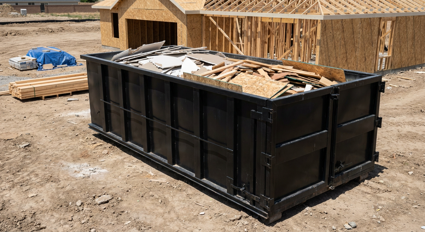 Matte-black 30-yard roll-off construction dumpster sitting directly on the compacted-dirt site of a framed single-family home build in Fayetteville, drywall and lumber scrap loaded inside.