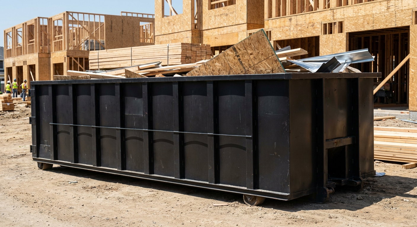 Matte-black 40-yard roll-off construction dumpster being lowered from a white-cab hooklift delivery truck onto the compacted-dirt jobsite at a commercial build site in Fayetteville
