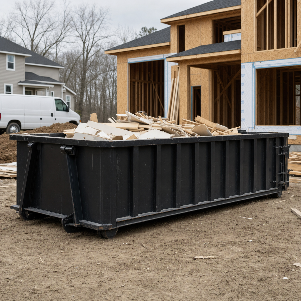 Worker in a yellow high-visibility vest tossing framing lumber and broken drywall into a matte-black 30-yard construction roll-off dumpster on an active build site in Fayetteville, bright daylight