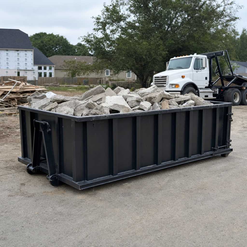 Low-profile matte-black lowboy roll-off dumpster loaded with broken concrete slab and rebar at a foundation tear-out in Fayetteville, skid steer parked beside it, sunny Colorado morning