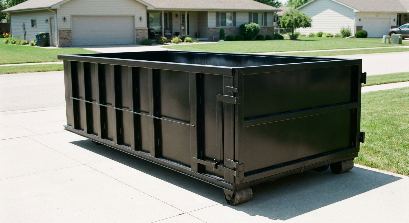 Matte-black 10-yard roll-off dumpster on a residential concrete driveway in Fayetteville, uniformly painted matte black across every panel and rail, ribbed steel sidewalls and rear swing door visible, mid-day daylight.