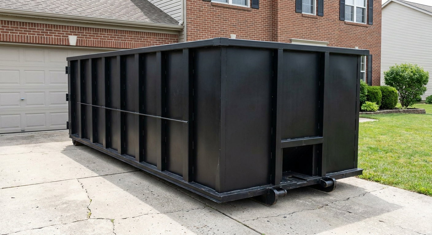 Matte-black 20-yard roll-off container on a Fayetteville residential concrete driveway with reinforced ribbed steel sidewalls and a hinged rear walk-in door, clean bright daylight.