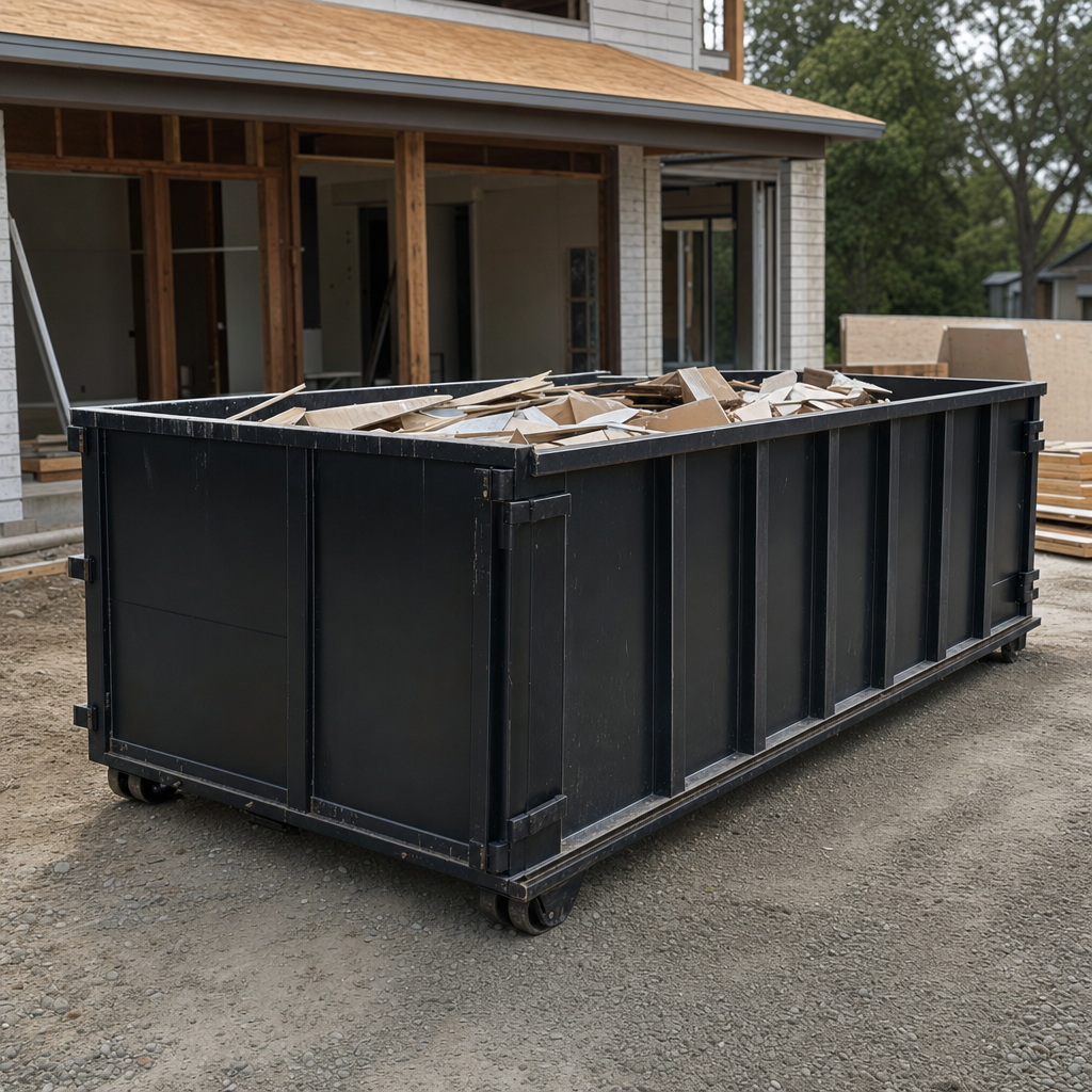 Large matte-black 30-yard construction roll-off dumpster at an active Fayetteville jobsite, steel-gray top rails and bottom rollers visible, loaded with construction debris.