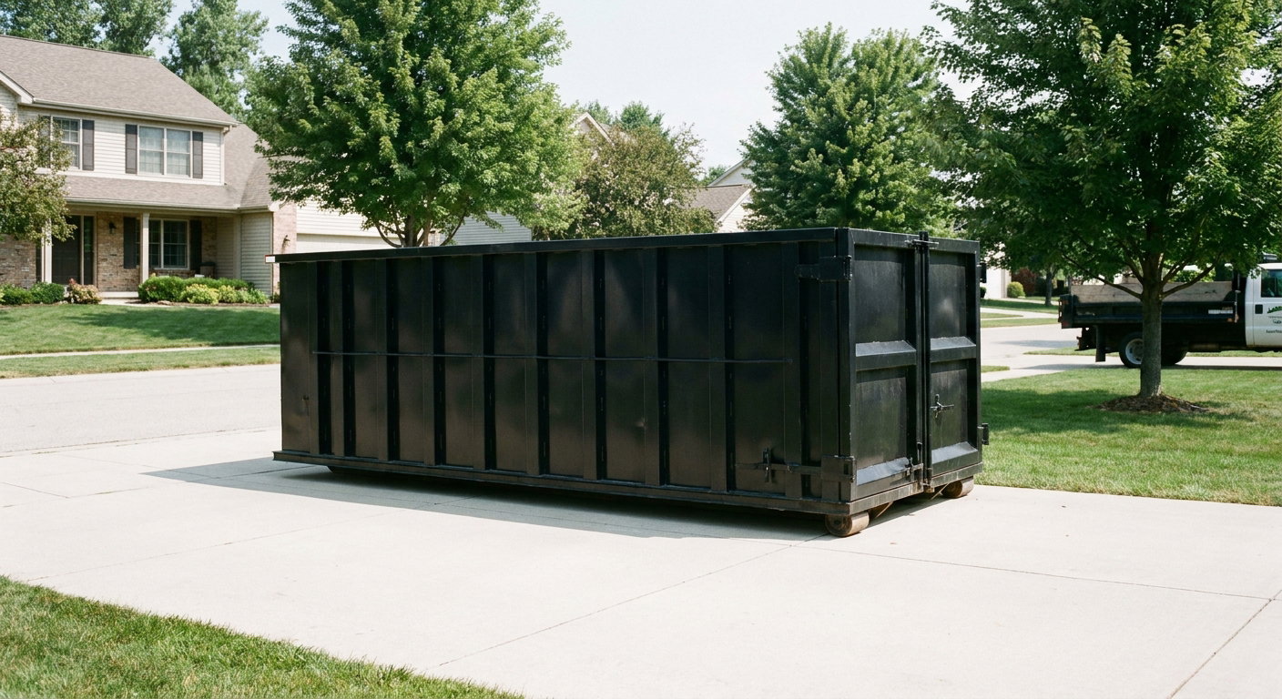 Matte-black 20-yard roll-off dumpster sitting level on a clean Fayetteville residential concrete driveway under bright daylight, demonstrating clean placement directly on the concrete.