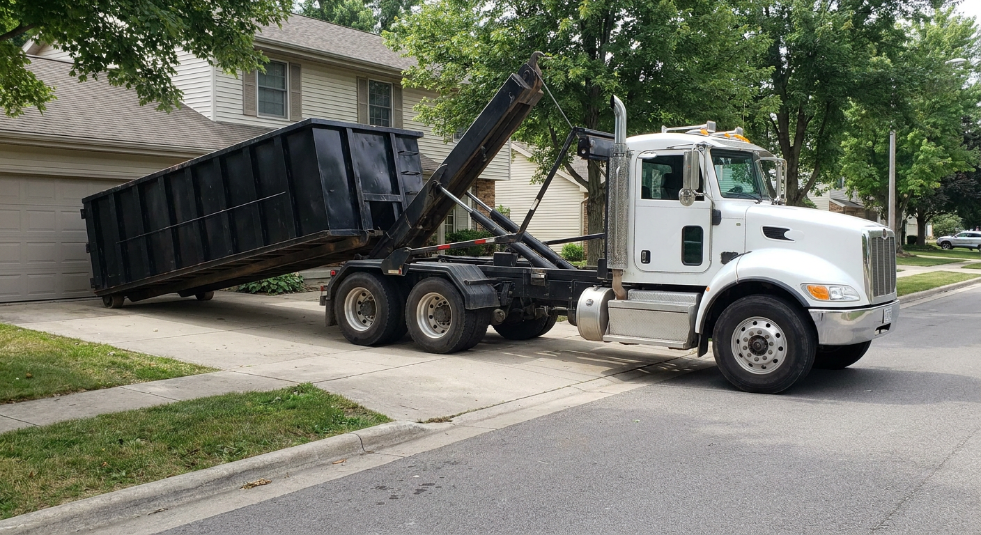 White-cab hooklift roll-off truck actively lowering a matte-black dumpster onto a Fayetteville residential concrete driveway, the dumpster's rear wheels touching the driveway as the hoist arm tilts the bed forward, mid-morning daylight.