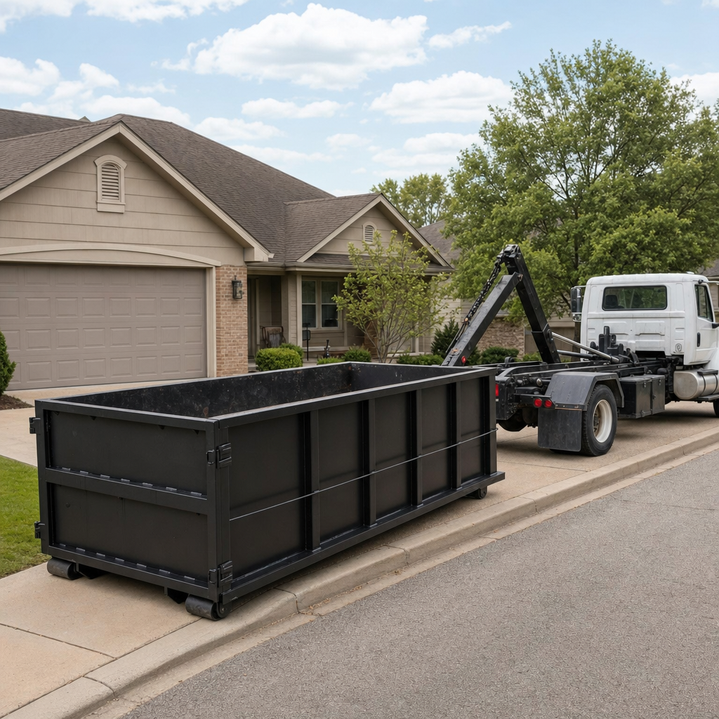 Wide documentary shot of a matte-black roll-off dumpster on a Fayetteville residential driveway in the foreground and a contractor jobsite container in the soft-focus background, bright daylight, calm and orderly composition.