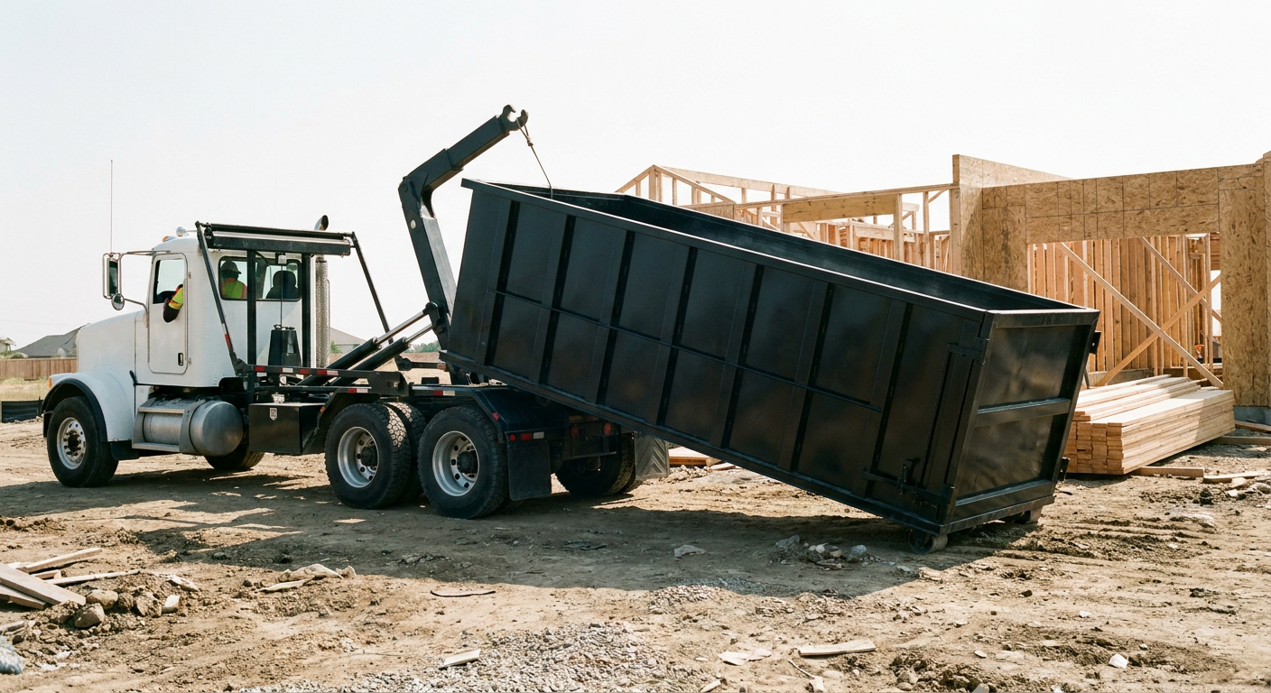 Matte-black roll-off dumpster being delivered onto a clean residential concrete driveway in Fayetteville by an unmarked white hooklift hauler truck, bright morning daylight, documentary 35mm perspective.