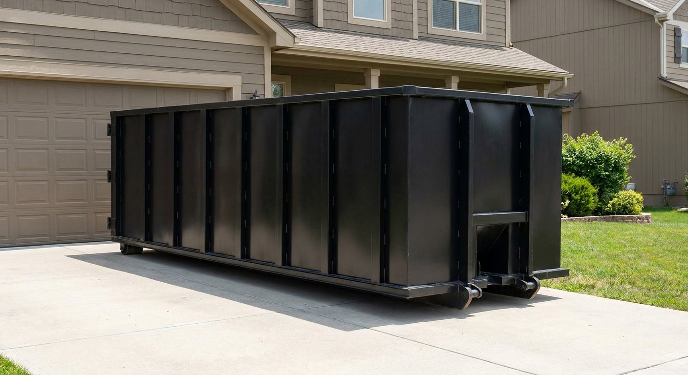Matte-black residential roll-off dumpster sitting directly on a suburban Fayetteville concrete driveway, garage door closed, single-family home in background, bright morning daylight.