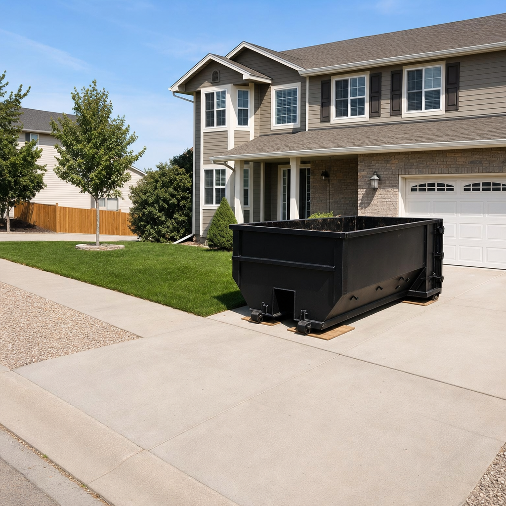 10-yard matte-black residential dumpster placed directly on a narrow Fayetteville concrete driveway, room remains for a parked sedan beside it, mid-morning natural light