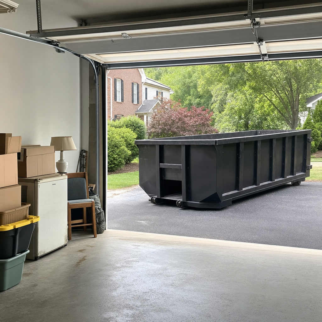 Open garage interior in a Fayetteville home mid-cleanout — boxed items, an old appliance, and stacked yard tools queued near the driveway for a matte-black roll-off dumpster, organized and calm