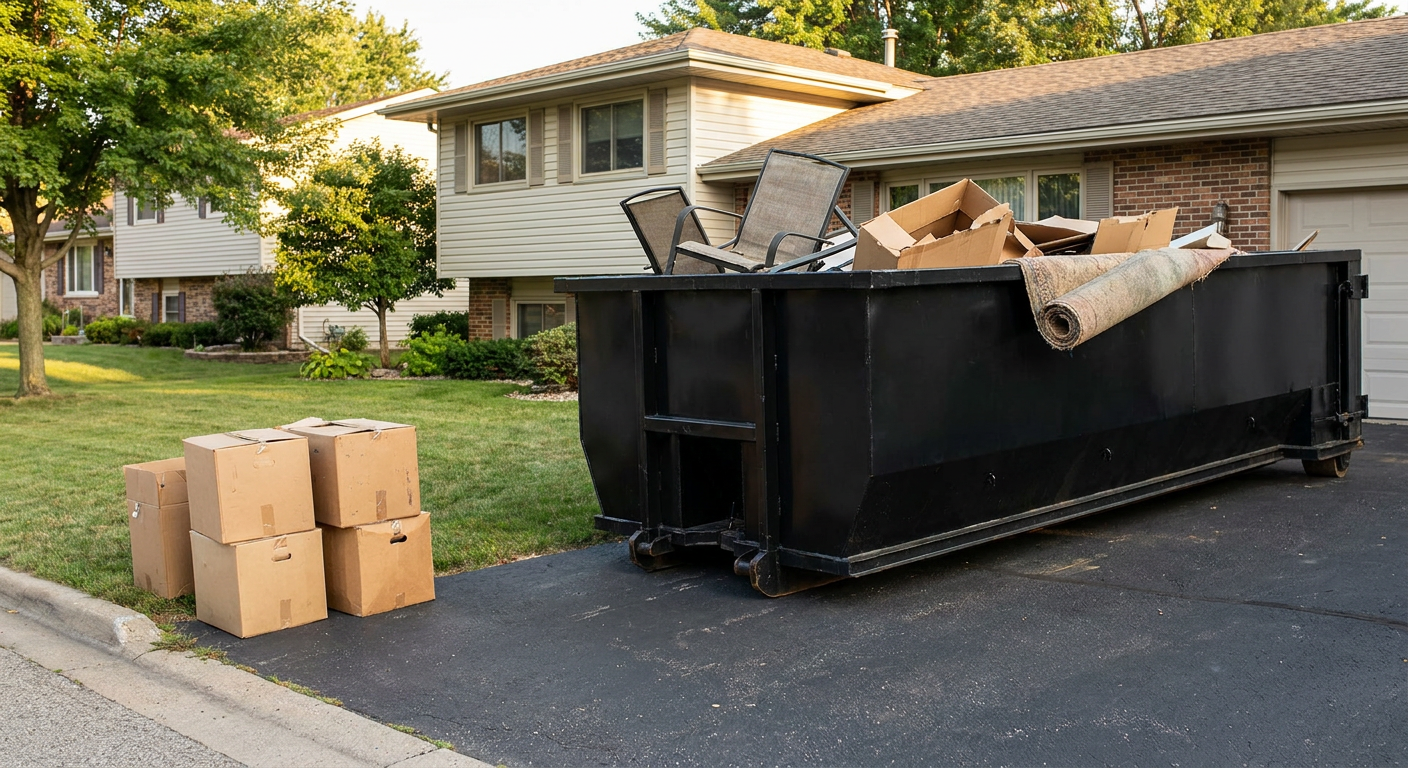 Front-yard view of a Fayetteville split-level home with a 20-yard matte-black roll-off dumpster sitting directly on the asphalt driveway, a few clearly labeled donation boxes staged at the curb, calm sunny afternoon.