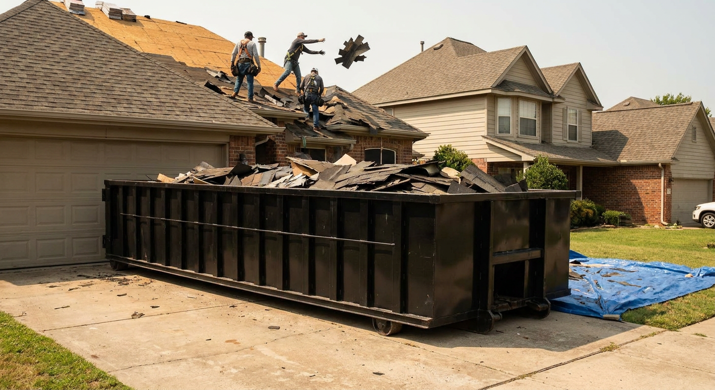 Matte-black roofing roll-off dumpster placed directly on a Fayetteville residential concrete driveway, a tear-off crew on a two-story asphalt-shingle roof tossing shingle bundles into the low-walled container, bright daylight, documentary 35mm perspective.
