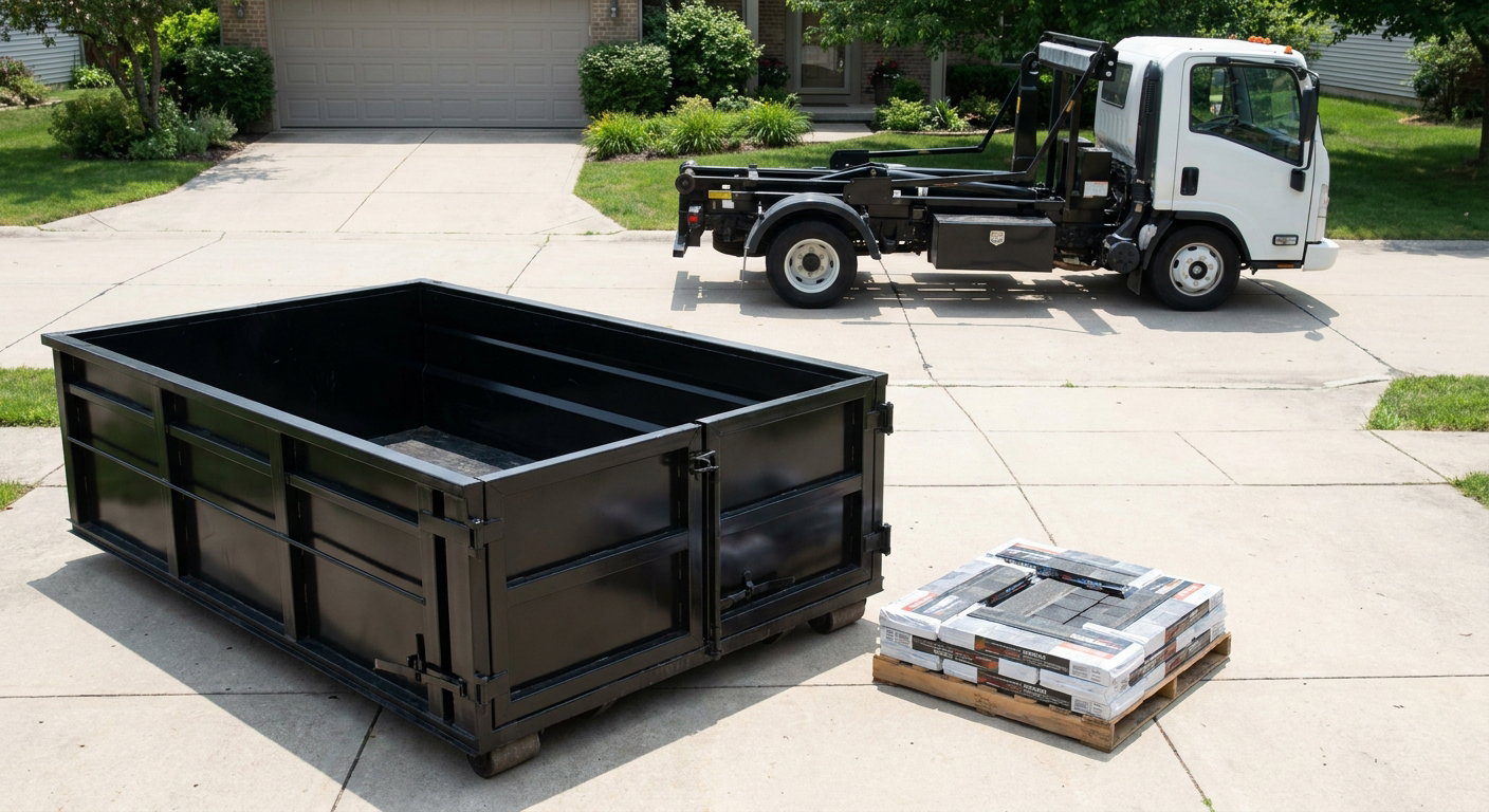 Matte-black 15-yard roofing roll-off dumpster with reinforced low side walls sitting directly on a Fayetteville residential concrete driveway, three-tab asphalt shingle bundles stacked nearby, an unmarked white hauler truck partially visible at the edge of the frame.