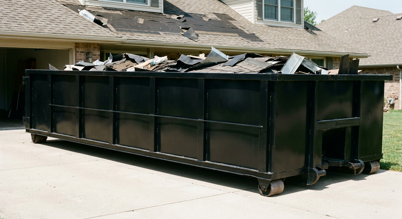 Matte-black 20-yard roofing roll-off dumpster with steel ribbed sides and swinging rear door, sitting directly on the concrete driveway of a two-story Fayetteville home, asphalt shingle debris being loaded over the low wall, clean documentary lighting.