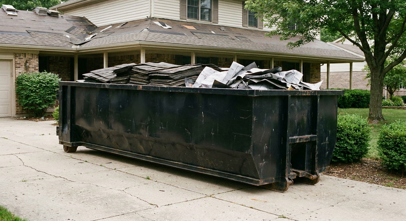 Matte-black 30-yard roofing roll-off dumpster sitting directly on a Fayetteville concrete driveway, taller ribbed steel side panels, mixed tear-off debris of asphalt shingles and underlayment inside, professional documentary daylight.