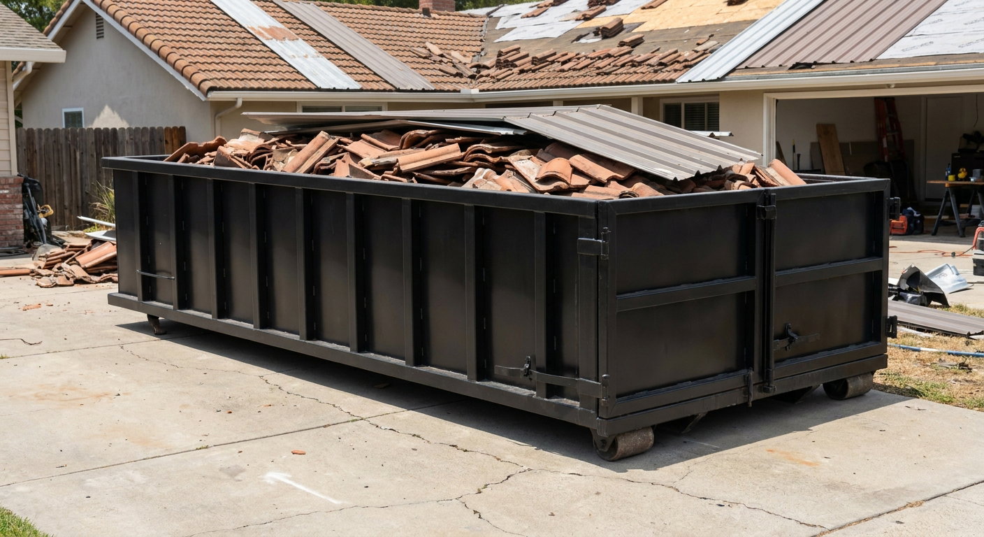 Matte-black low-wall heavy-debris roofing roll-off dumpster sitting directly on a Fayetteville concrete driveway, broken concrete clay roof tiles and metal panel sections loaded inside, reinforced ribbed steel side walls visible, bright outdoor daylight.
