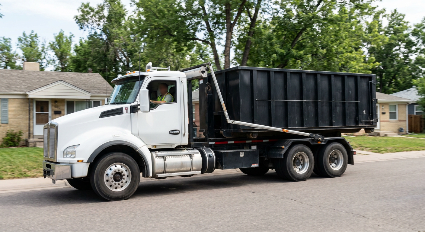 A wide documentary shot of a matte-black roll-off delivery truck pulling onto a quiet Fayetteville residential street at mid-morning, with neighborhood rooftops and tree-lined blocks visible behind, showing the metro coverage footprint.