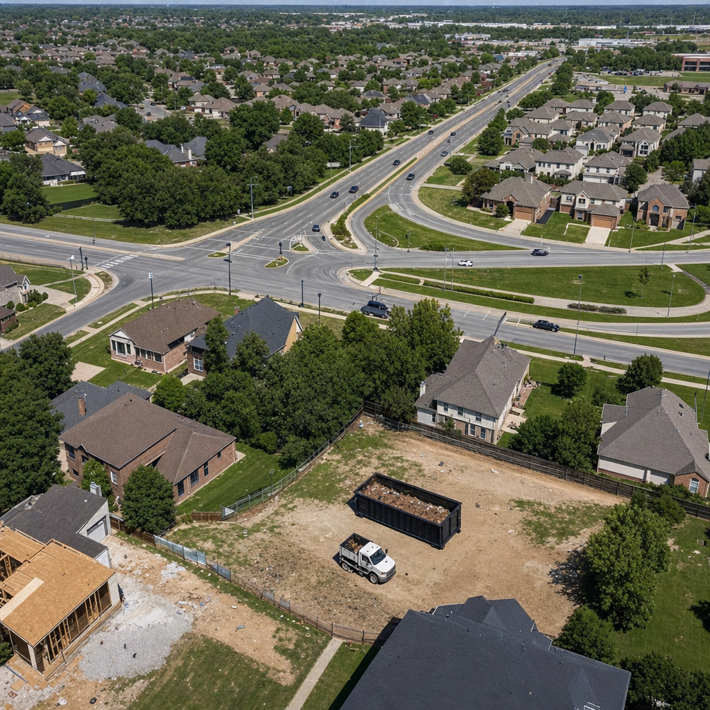 An overhead documentary view of the Fayetteville metro area at midday, showing the spread of neighborhoods, arterial roads, and the dispatch radius from a central yard — clean daylight, organized geographic layout.