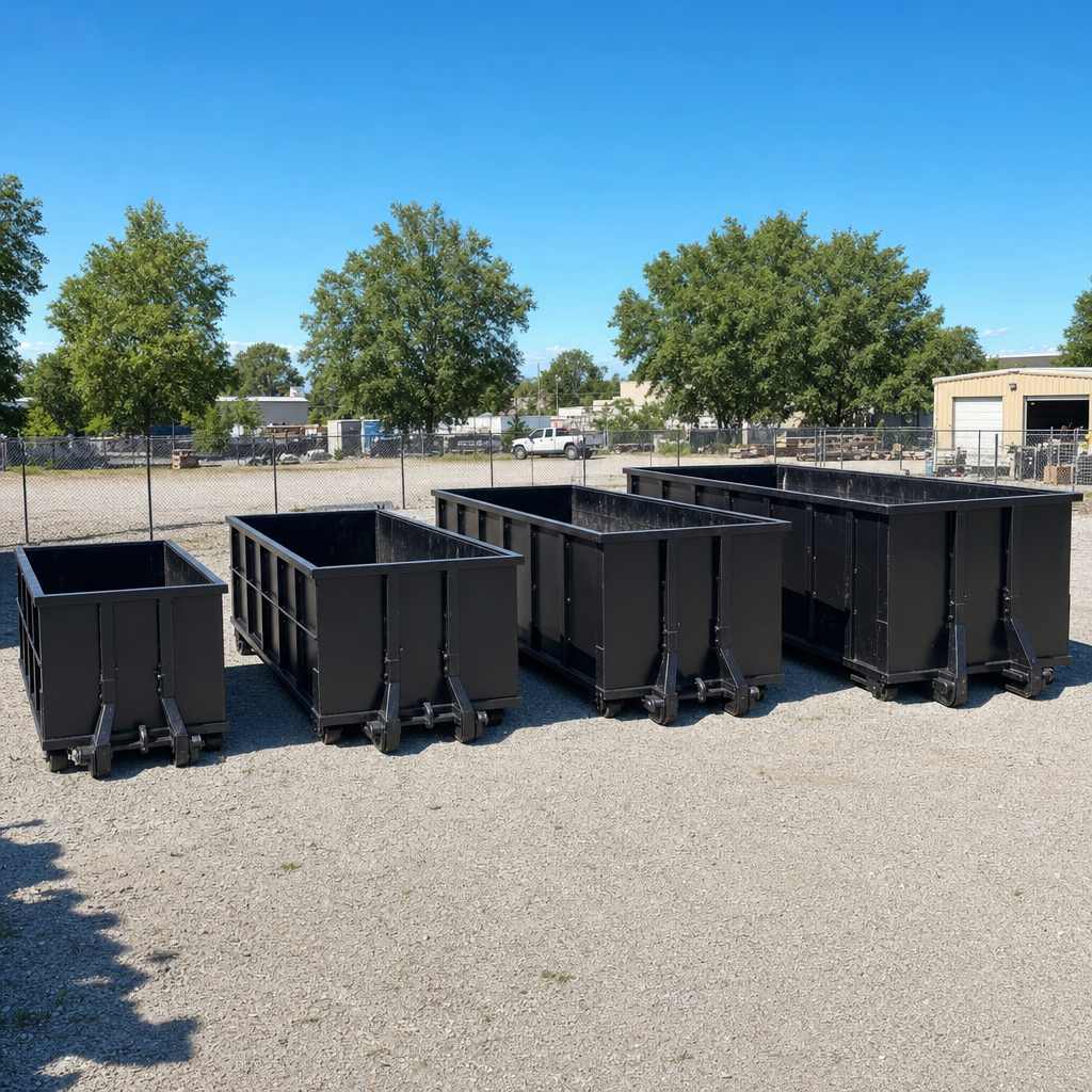 A clean lineup of matte-black roll-off dumpsters in 10, 20, 30, and 40-yard sizes staged on a sunlit gravel yard in Fayetteville, showing the size progression from compact to commercial-scale containers.
