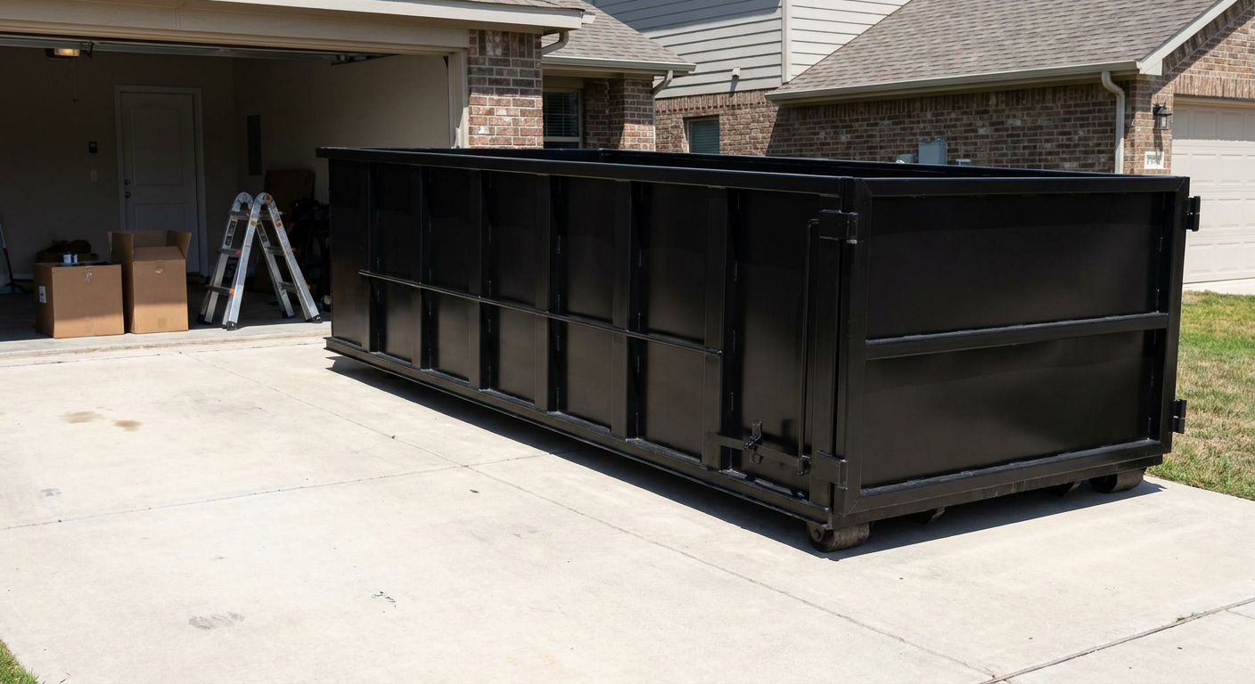 A matte-black 10-yard roll-off dumpster sitting directly on a residential Fayetteville concrete driveway, mid-day sunlight, clean and ready for a garage cleanout.
