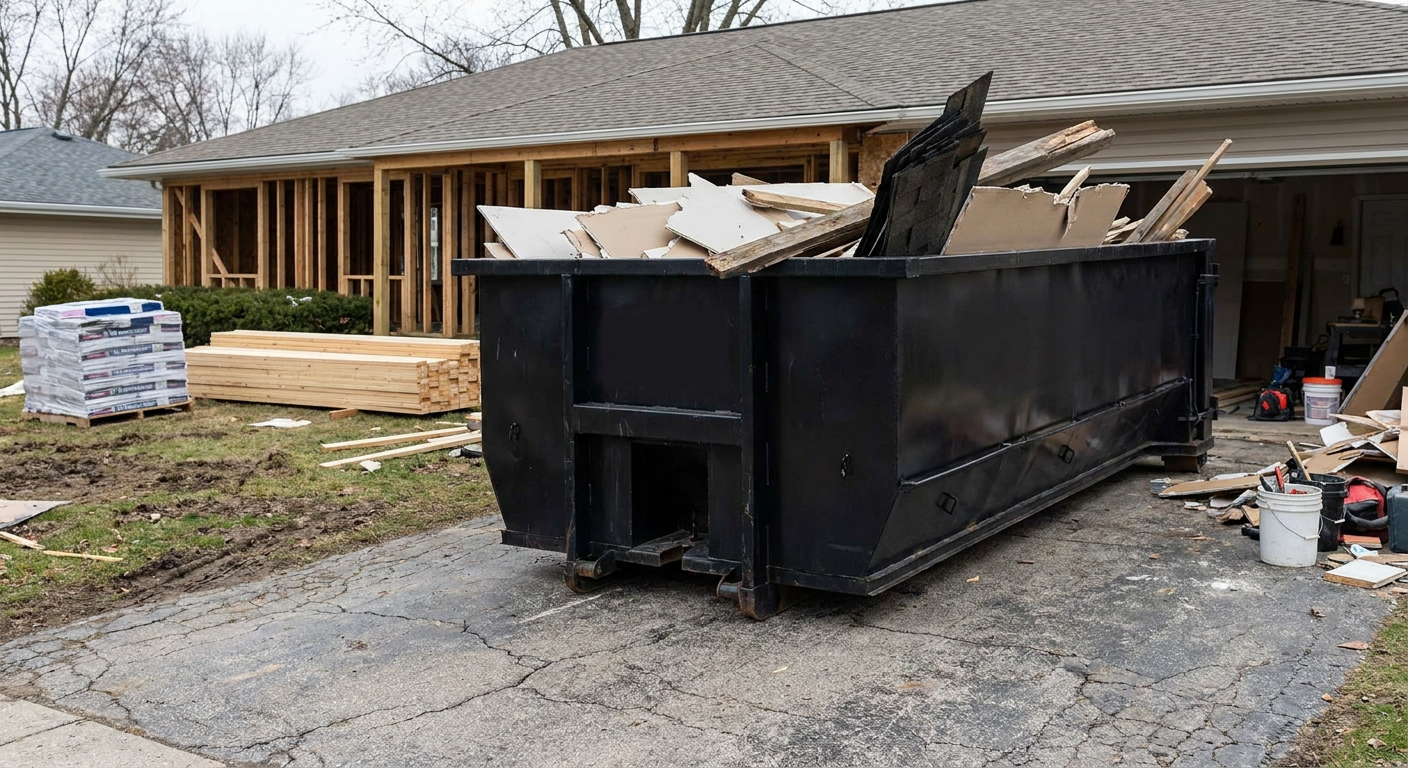 A matte-black 20-yard roll-off dumpster placed alongside a mid-renovation Fayetteville home directly on the asphalt driveway, with framing materials and torn-off shingles staged neatly nearby.
