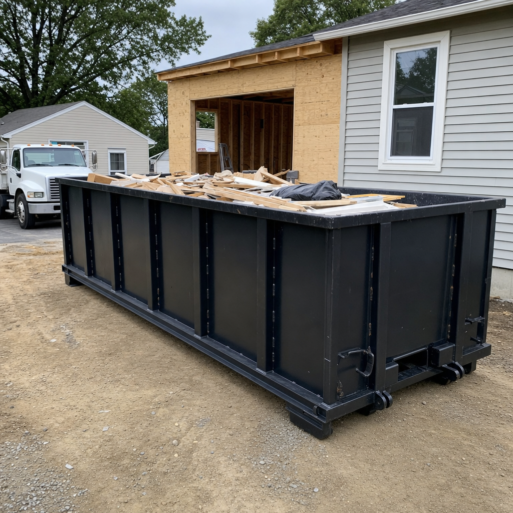 A matte-black 30-yard roll-off dumpster positioned at a Fayetteville residential addition jobsite, with framing lumber and drywall scraps loaded through the open swinging rear doors.