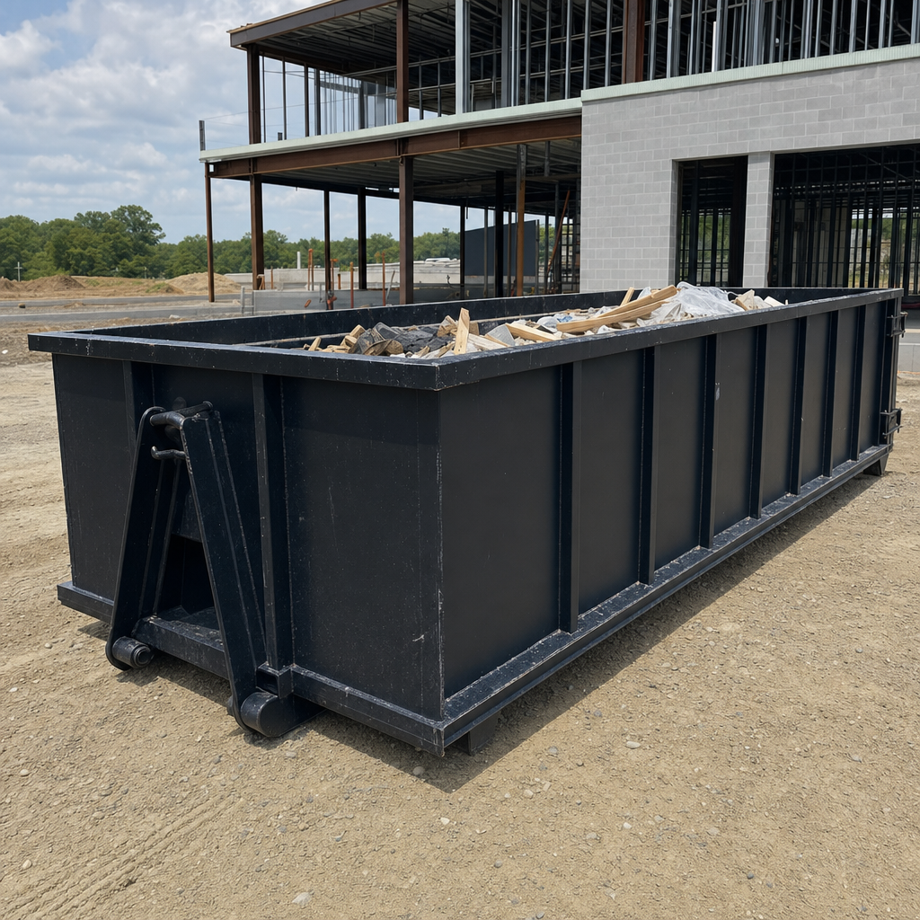 A matte-black 40-yard roll-off dumpster staged on a large Fayetteville commercial construction lot, with a hooklift delivery truck parked alongside under bright midday sky.