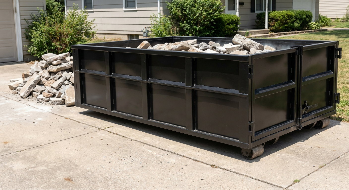 A matte-black low-side heavy-debris roll-off dumpster placed directly on a Fayetteville concrete driveway, with broken concrete chunks neatly stacked beside it under clean daylight.